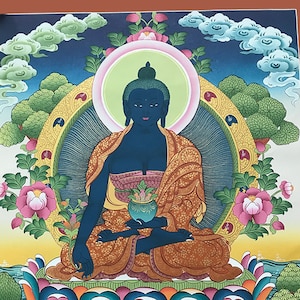 20 x 27 Magnificent Medicine Buddha Thangka Thanka handpainted in Nepal Without Brocade
