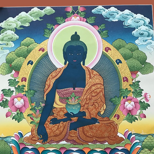 20” x 27” Magnificent Medicine Buddha Thangka - Thanka handpainted in Nepal