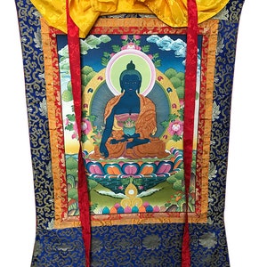 20 x 27 Magnificent Medicine Buddha Thangka Thanka handpainted in Nepal With Brocade