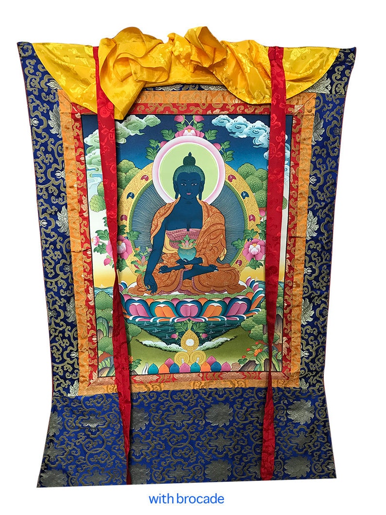 20 x 27 Magnificent Medicine Buddha Thangka Thanka handpainted in Nepal With Brocade
