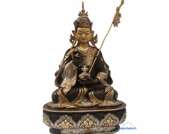 Gold Plated, Silver Plated and Oxidized 13" Guru Rinpoche - Padmasambhava Statue- Handcarved Nepal