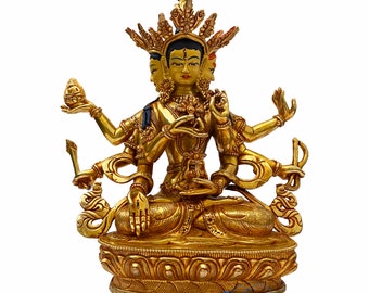 3 Faced 8 Armed Green Tara Statue with Full Gold Plated 9" and Fine Face Painted - Handcrafted in Nepal