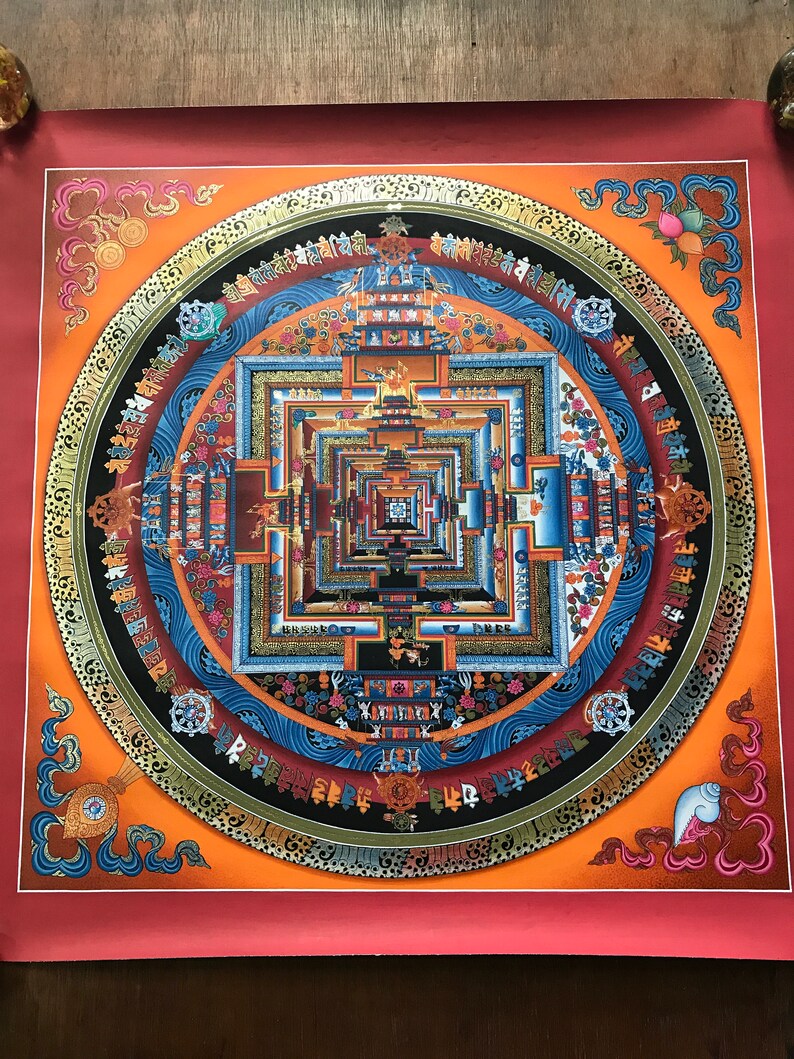 Wunderschönes Hochwertiges Kalachakra Mandala Thanka Tibetisch Handbemalt in Nepal Without Brocade