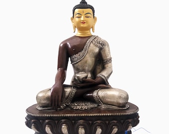 Fine Face Painted Shakyamuni Buddha - 10" Inches Silver Plated Oxidized Buddha Statue - Nepal