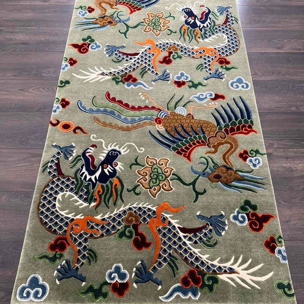 Hand knotted Tibetan Rug - Green Tone 100% New Zealand Wool - Dragon + Phoenix Design made in Nepal