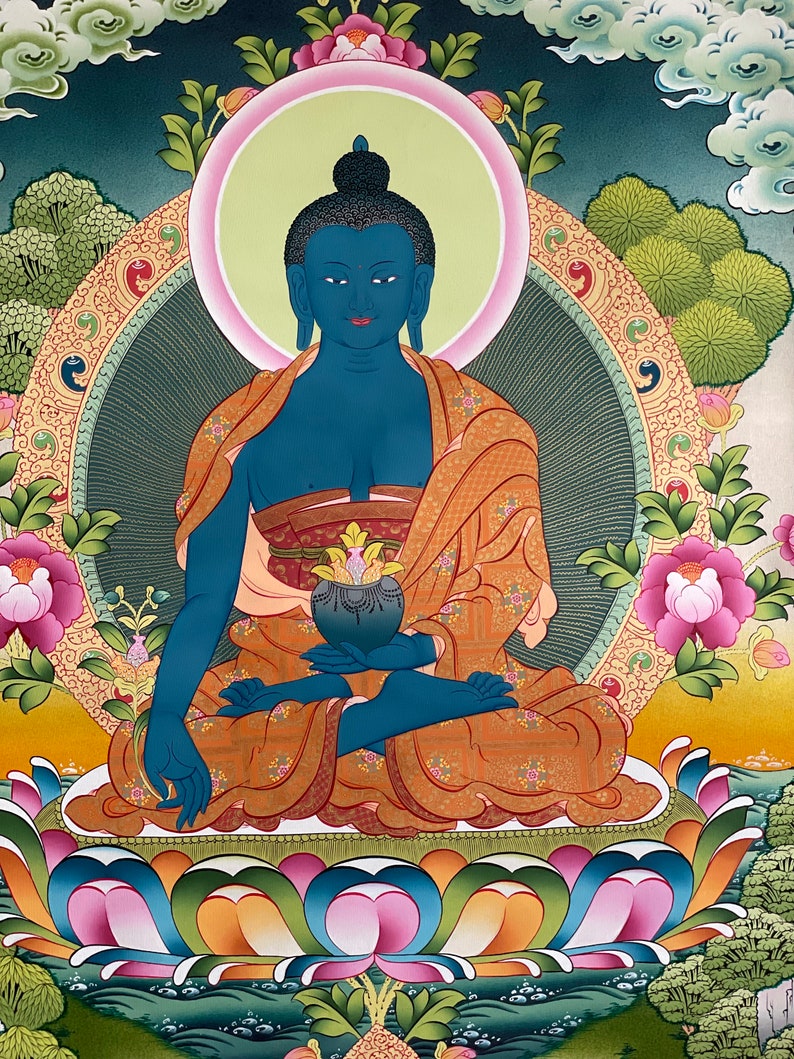 20 x 27 Magnificent Medicine Buddha Thangka Thanka handpainted in Nepal image 4