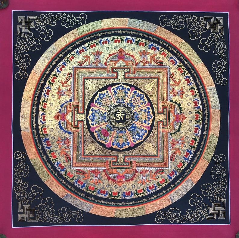 Magnifique mandala Om Asta Thangka Fait main au Népal Without Brocade