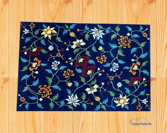 Luxury Floral Blue Tibetan Rug Hand knotted gift from Nepal