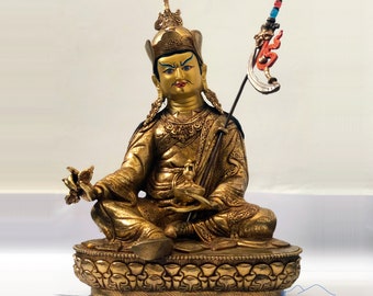 Guru Rinpoche, 12" inch Statue, Fully Gold Plated & Fine Face Painted- Handcarved in Nepal