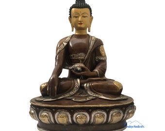 Fine Face Painted Shakyamuni Buddha - 12" Inches Statue - Gold Plated, Silver Plated and Oxidized