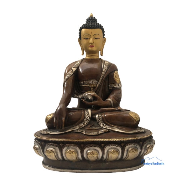 Fine Face Painted Shakyamuni Buddha - 12" Inches Statue - Gold Plated, Silver Plated and Oxidized