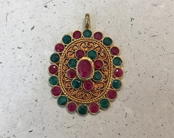Ruby & Emerald with Gold Plated Pendant —  Box Oval Shaped Pendant — Emerald Jewelry — Gift for Her