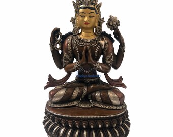 8" Chenrezig / Khachedi Statue "Feines Gesicht bemalt" - Silber Statue handgefertigt in Nepal - oxidiert