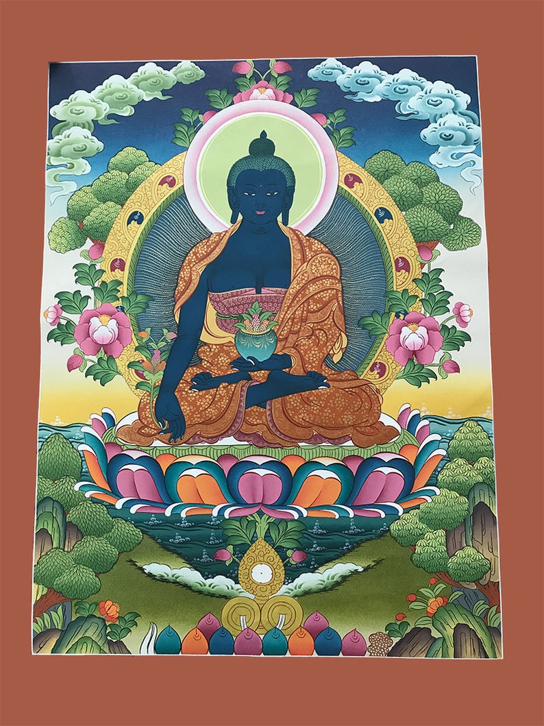 20 x 27 Magnificent Medicine Buddha Thangka Thanka handpainted in Nepal Without Brocade