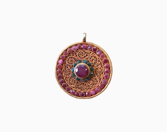 Pink Round Ruby Gold Plated Pendant — Silver Round Pendant ruby GP Turquoise Pendant — Ruby Jewelry — Gift for Her