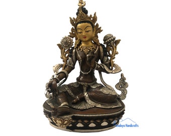 9" Green Tara Statue Oxidised with Gold & Silver Plated and Fine Face Painted - Handcrafted in Nepal