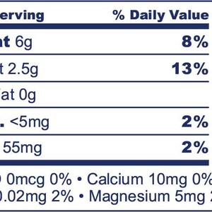 May include: A rectangular Nutrition Facts label with dark blue text on a white background. It lists 8 servings per container, a serving size of 1 nugget (14g), and 80 calories per serving. It details fat, cholesterol, sodium, carbs, and protein.