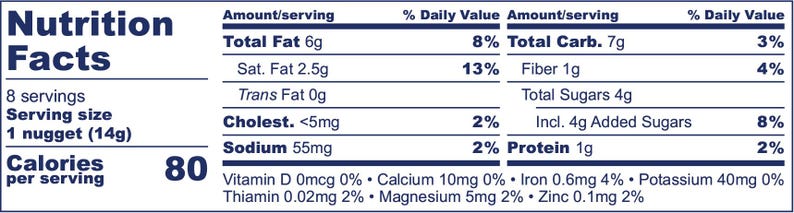 May include: A rectangular Nutrition Facts label with dark blue text on a white background. It lists 8 servings per container, a serving size of 1 nugget (14g), and 80 calories per serving. It details fat, cholesterol, sodium, carbs, and protein.