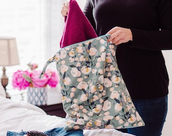 Large Floral Zipper Wet Bag, Reusable Cloth, Swim Diaper Bag