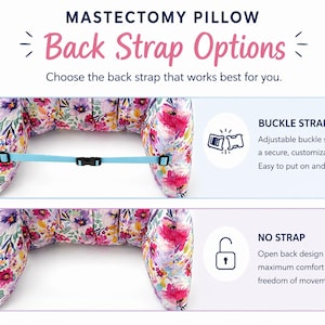 May include: A mastectomy pillow with floral print fabric, showcasing back strap options. One option features a light blue adjustable buckle strap. The other option is a no-strap design for maximum comfort. Text reads "Back Strap Options".