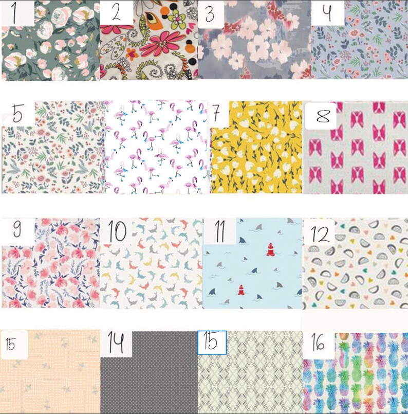 May include: A collage of 16 different fabric swatches featuring a variety of patterns, including floral, geometric, and animal prints. The swatches are numbered 1 through 16.
