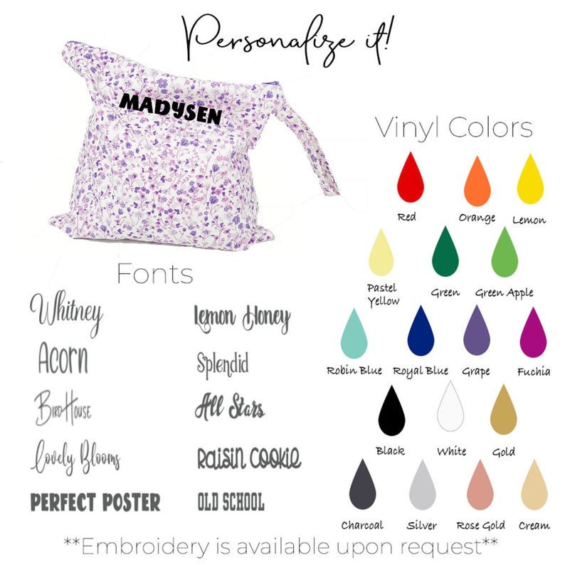 May include: A white diaper bag with a floral pattern and the name "MADYSEN" embroidered on it. The image shows a variety of vinyl colours and fonts to personalise the bag.