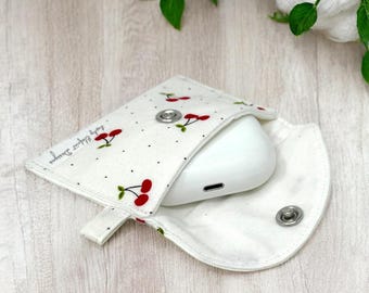 Cherry AirPods Case, Cute Fabric Earbuds Pouch with Snap Closure, Handmade Small Tech Pouch, Retro Cherry Print Earphone Holder, Music Gift