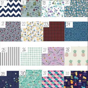 May include: A collection of 32 fabric swatches featuring a variety of patterns, including geometric, floral, animal print, and plaid. The swatches are numbered 17 to 32.