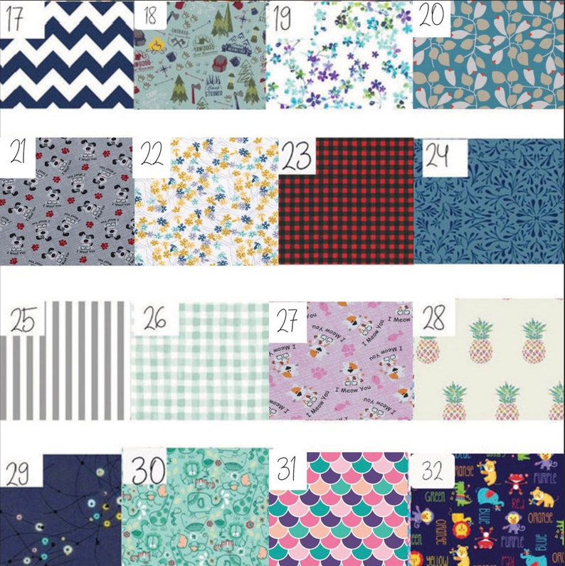 May include: A collection of 32 fabric swatches featuring a variety of patterns, including geometric, floral, animal print, and plaid. The swatches are numbered 17 to 32.