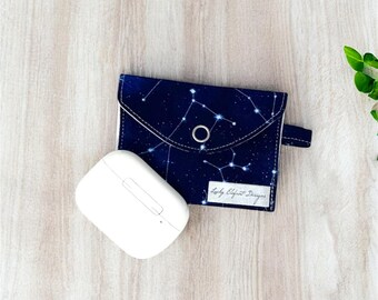 Zodiac Constellation AirPods Pro Case Pouch, Handmade Starry Night Earbud Holder with Snap Closure, Cosmic Fabric AirPods Bag Gift