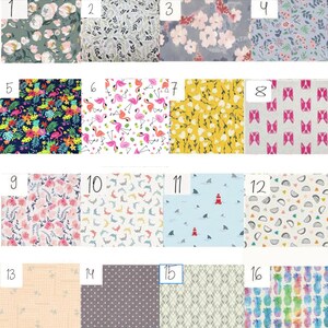 May include: A collage of 16 different fabric swatches with various patterns, including floral, geometric, animal, and tropical designs. The swatches are numbered 1 through 16.