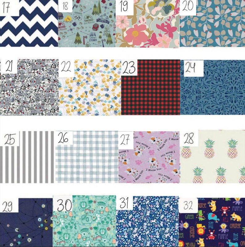 May include: A collection of 32 fabric swatches with various patterns, including geometric, floral, and animal prints. The swatches are numbered 17 through 32.