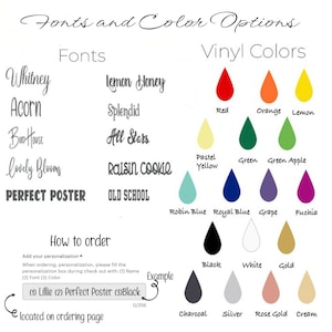 May include: A graphic displaying font and vinyl color options for personalized products. The fonts include Whitney, Acorn, and Perfect Poster. Vinyl colors include red, orange, and black. Instructions on how to order are also included.