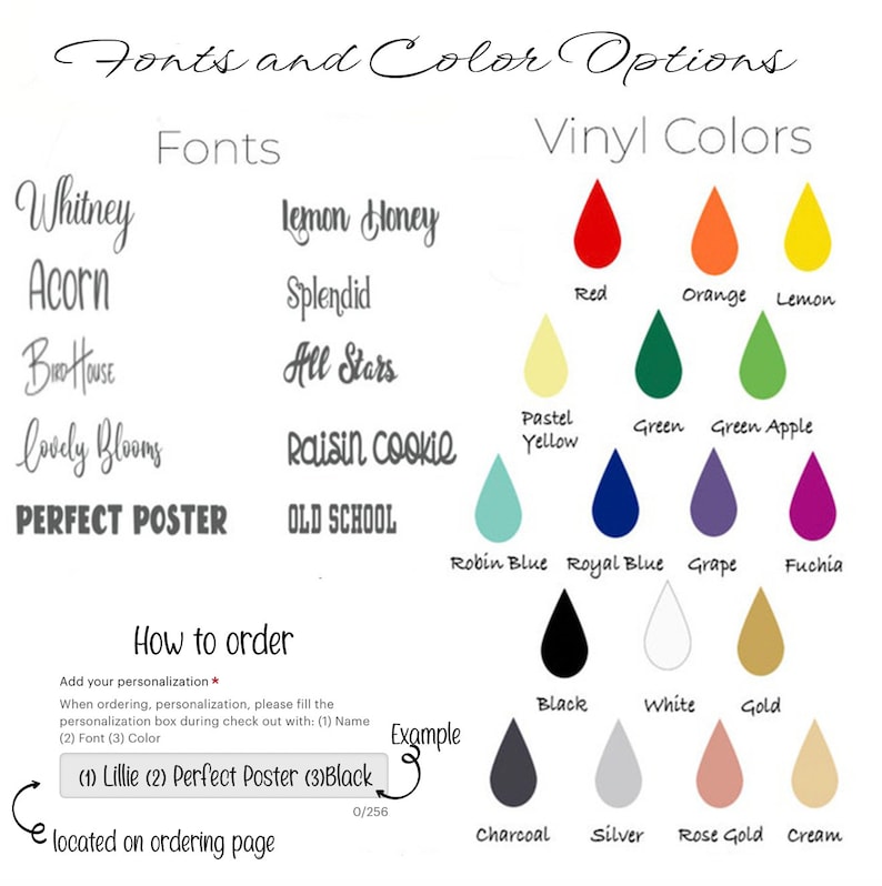 May include: A graphic displaying font and vinyl color options for personalized products. The fonts include Whitney, Acorn, and Perfect Poster. Vinyl colors include red, orange, and black. Instructions on how to order are also included.