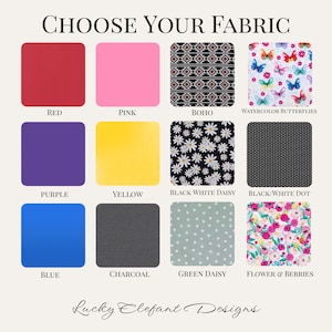 May include: Image displaying fabric swatches in various colors and patterns. Options include solid colors like red, pink, purple, yellow, blue, and charcoal, alongside patterned fabrics such as boho, watercolor butterflies, black and white daisy, black and white dot, green daisy, and flower and berries.