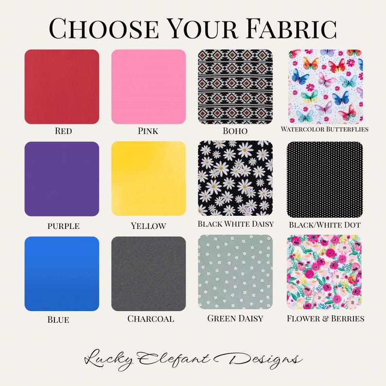 May include: Image displaying fabric swatches in various colors and patterns. Options include solid colors like red, pink, purple, yellow, blue, and charcoal, alongside patterned fabrics such as boho, watercolor butterflies, black and white daisy, black and white dot, green daisy, and flower and berries.