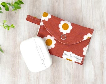 Rust Daisy Floral AirPods Pro Case Pouch, Handmade Earbud Holder with Snap Button, Boho Fabric Accessory Bag for Spring Gift Ideas