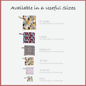 May include: Six reusable cloth bags in various sizes and patterns, with measurements listed in inches. The bags are available in X-Large, Large, Medium, Small, X-Small, and Mini sizes.