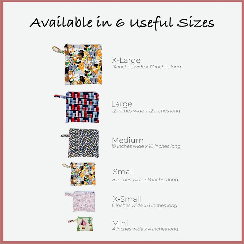 May include: Six reusable cloth bags in various sizes and patterns, with measurements listed in inches. The bags are available in X-Large, Large, Medium, Small, X-Small, and Mini sizes.