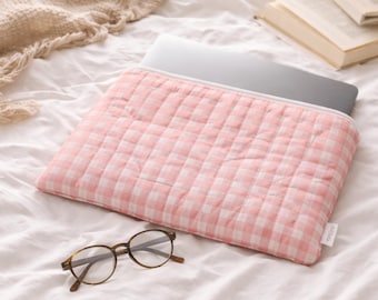 Handmade Pink Gingham Quilted Laptop Sleeve,  Padded Cover