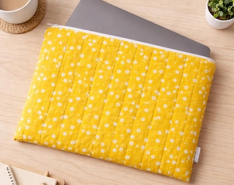 Handmade Quilted Laptop Sleeve, Yellow Floral Padded Case