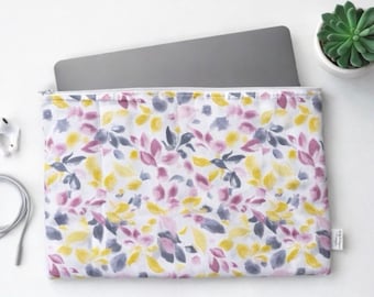 Floral Watercolor Quilted Laptop Sleeve - Zippered Case for Laptops
