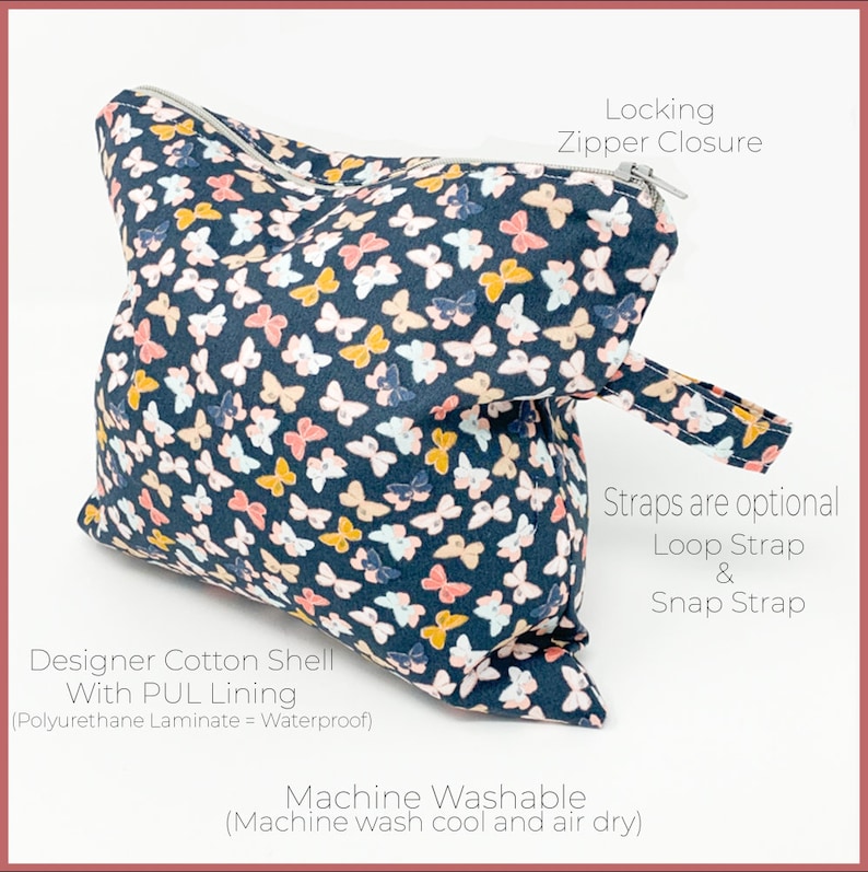 May include: A black cotton zippered pouch with a butterfly print. The pouch has a locking zipper closure and optional straps. The pouch is machine washable.