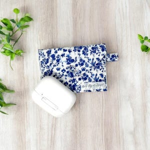 Floral AirPods Case, Blue and White Fabric Earbuds Pouch, Handmade AirPods Holder with Snap Closure, Small Earphone Case, Gift for Her