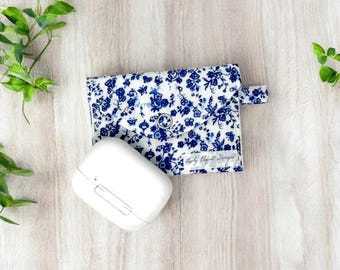 Floral AirPods Case, Blue and White Fabric Earbuds Pouch, Handmade AirPods Holder with Snap Closure, Small Earphone Case, Gift for Her
