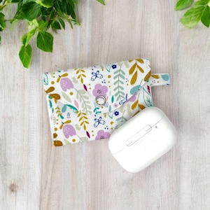 Floral AirPods Case, Handmade Fabric Earbuds Pouch with Snap Closure, Cute Small Tech Pouch, Botanical Print Earphone Holder, Tech Gift Idea