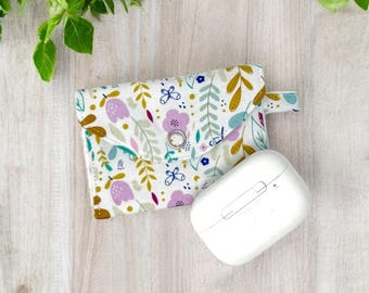 Floral AirPods Case, Handmade Fabric Earbuds Pouch with Snap Closure, Cute Small Tech Pouch, Botanical Print Earphone Holder, Tech Gift Idea