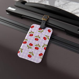 Fruit Pattern Luggage Tags: Pastel Gingham with Cherries, Lemons