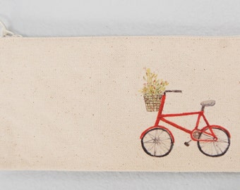 Watercolor illustration canvas pencil pouch - red bicycle