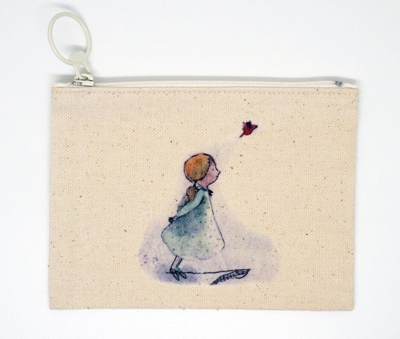 Watercolor /& ink  illustration printed small canvas pouch girl playing violin